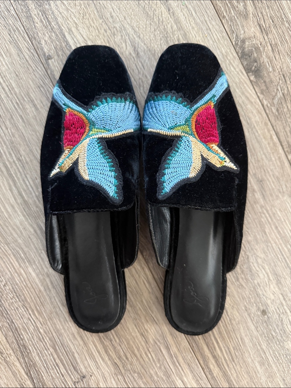 Joie mules black  material and embroidered hummingbird details sz 37/5